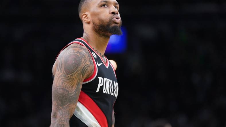 Mar 8, 2023; Boston, Massachusetts, USA; Portland Trail Blazers guard Damian Lillard (0) reacts during a break in the action against the Boston Celtics in the second quarter at TD Garden. Mandatory Credit: David Butler II-USA TODAY Sports