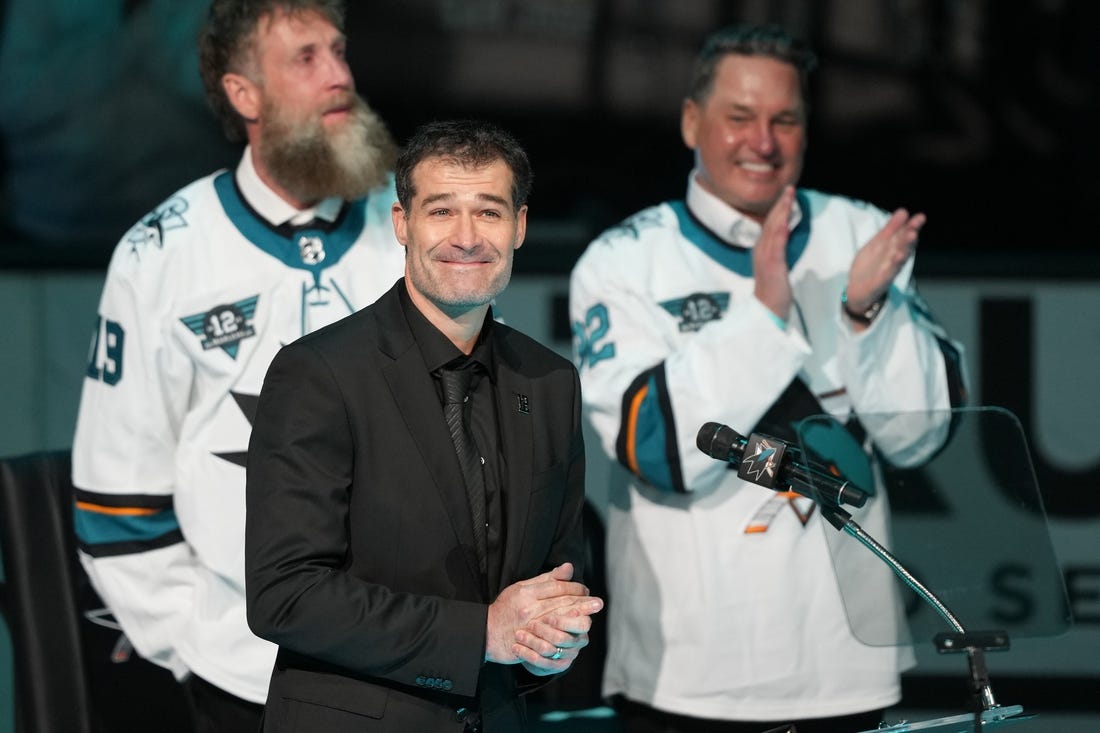 Feb 25, 2023; San Jose, California, USA; San Jose Sharks former player Patrick Marleau smiles during his jersey retirement ceremony before the game against the Chicago Blackhawks at SAP Center at San Jose. Mandatory Credit: Darren Yamashita-USA TODAY Sports