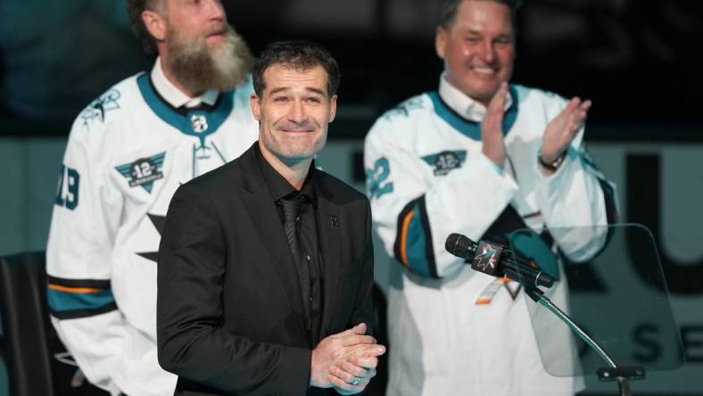 Feb 25, 2023; San Jose, California, USA; San Jose Sharks former player Patrick Marleau smiles during his jersey retirement ceremony before the game against the Chicago Blackhawks at SAP Center at San Jose. Mandatory Credit: Darren Yamashita-USA TODAY Sports