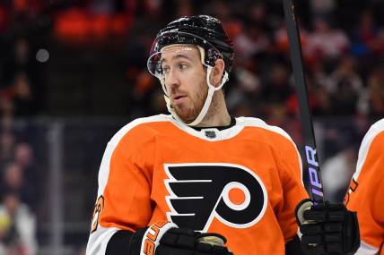Mar 5, 2023; Philadelphia, Pennsylvania, USA; Philadelphia Flyers center Kevin Hayes (13) against the Detroit Red Wings during the first period at Wells Fargo Center. Mandatory Credit: Eric Hartline-USA TODAY Sports