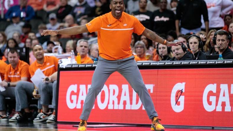 Mar 8, 2023; Kansas City, MO, USA; Oklahoma State Cowboys coach Mike Boynton on the sidelines during the game against the Oklahoma Sooners at T-Mobile Center. Mandatory Credit: William Purnell-USA TODAY Sports