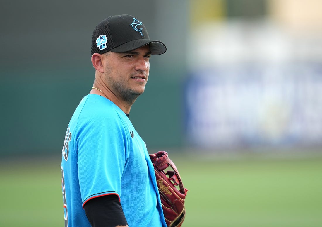 Mar 13, 2023; Jupiter, Florida, USA;  Miami Marlins shortstop Jose Iglesias (13) before the game against the New York Mets at Roger Dean Stadium. Mandatory Credit: Jim Rassol-USA TODAY Sports