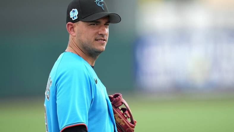 Mar 13, 2023; Jupiter, Florida, USA;  Miami Marlins shortstop Jose Iglesias (13) before the game against the New York Mets at Roger Dean Stadium. Mandatory Credit: Jim Rassol-USA TODAY Sports