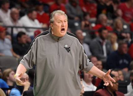 Mar 16, 2023; Birmingham, AL, USA; West Virginia Mountaineers head coach Bob Huggins reacts against the Maryland Terrapins during the first half in the first round of the 2023 NCAA Tournament at Legacy Arena. Mandatory Credit: Vasha Hunt-USA TODAY Sports