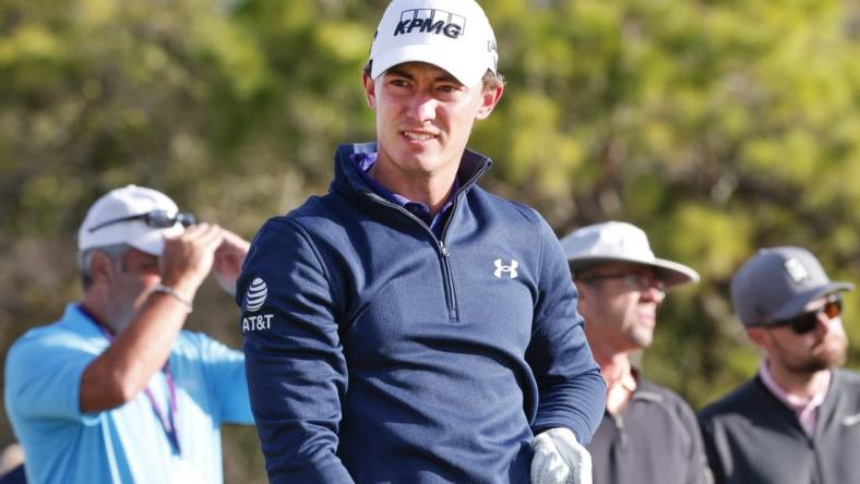 Mar 16, 2023; Palm Harbor, Florida, USA; Maverick McNealy walks off of the first tee during the first round of the Valspar Championship golf tournament. Mandatory Credit: Reinhold Matay-USA TODAY Sports