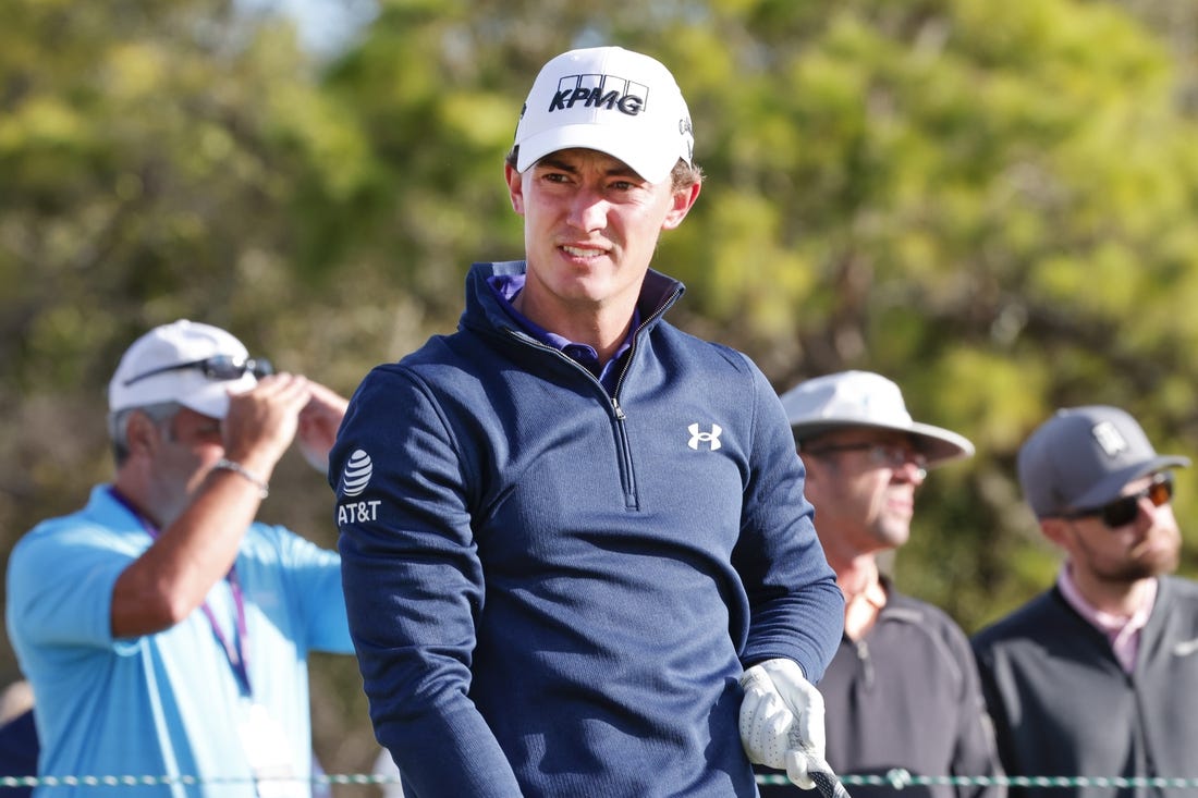 Mar 16, 2023; Palm Harbor, Florida, USA; Maverick McNealy walks off of the first tee during the first round of the Valspar Championship golf tournament. Mandatory Credit: Reinhold Matay-USA TODAY Sports