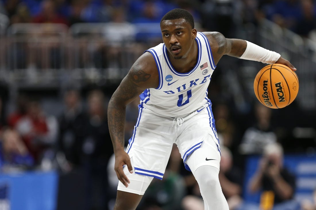 Mar 16, 2023; Orlando, FL, USA; Duke Blue Devils forward Dariq Whitehead (0) dribbles the ball during the second half against the Oral Roberts Golden Eagles at Amway Center. Mandatory Credit: Russell Lansford-USA TODAY Sports