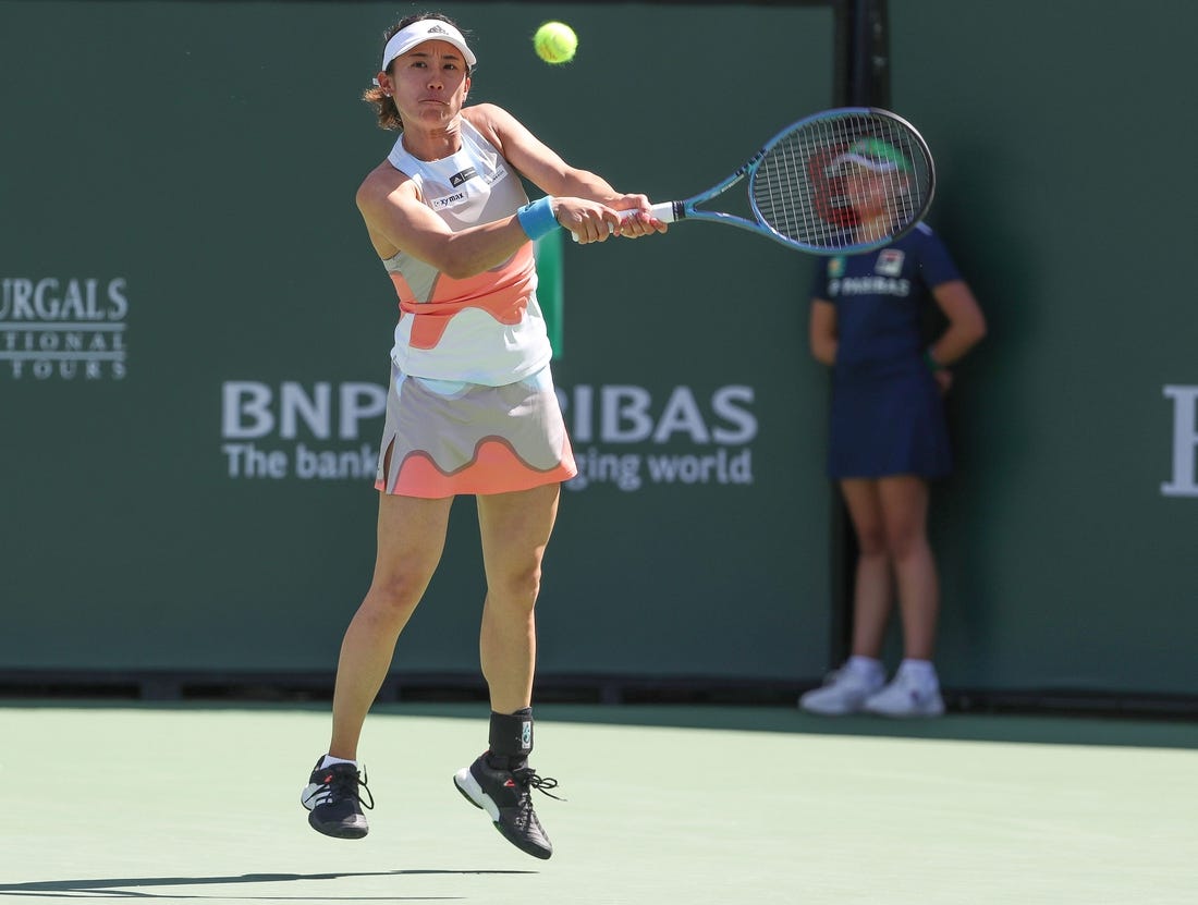 Miyu Kato hits a shot in the doubles semifinal match during the BNP Paribas Open at the Indian Wells Tennis Garden in Indian Wells, Calif., March 17, 2023.

Bnp Friday 16