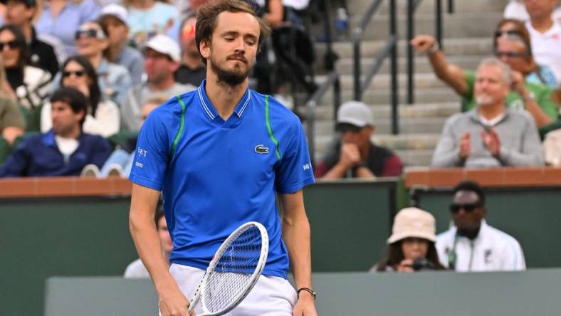 Mar 19, 2023; Indian Wells, CA, USA;  Daniil Medvedev (RUS) reacts after losing a game in the men   s final match against Carlos Alcaraz (ESP) in the BNP Paribas Open at the Indian Wells Tennis Garden. Mandatory Credit: Jayne Kamin-Oncea-USA TODAY Sports