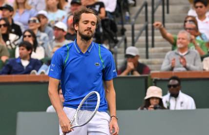 Mar 19, 2023; Indian Wells, CA, USA;  Daniil Medvedev (RUS) reacts after losing a game in the men   s final match against Carlos Alcaraz (ESP) in the BNP Paribas Open at the Indian Wells Tennis Garden. Mandatory Credit: Jayne Kamin-Oncea-USA TODAY Sports