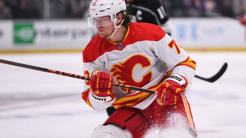 Mar 20, 2023; Los Angeles, California, USA; Calgary Flames right wing Tyler Toffoli (73) skates during first period against Los Angeles Kings at Crypto.com Arena. Mandatory Credit: Jonathan Hui-USA TODAY Sports