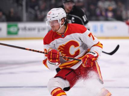 Mar 20, 2023; Los Angeles, California, USA; Calgary Flames right wing Tyler Toffoli (73) skates during first period against Los Angeles Kings at Crypto.com Arena. Mandatory Credit: Jonathan Hui-USA TODAY Sports