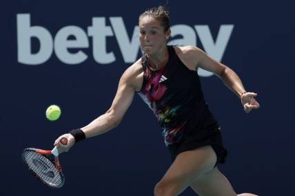 Mar 23, 2023; Miami, Florida, US; Daria Kasatkina hits a forehand against Elise Mertens (BEL) (not pictured) on day four of the Miami Open at Hard Rock Stadium. Mandatory Credit: Geoff Burke-USA TODAY Sports