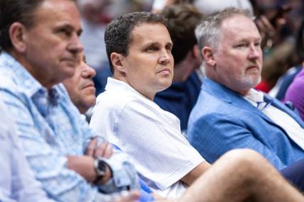 Mar 23, 2023; New Orleans, Louisiana, USA;  McNeese State Cowboys basketball head coach Will Wade looks on during the first half of the game between the New Orleans Pelicans and the Charlotte Hornets at Smoothie King Center. Mandatory Credit: Stephen Lew-USA TODAY Sports