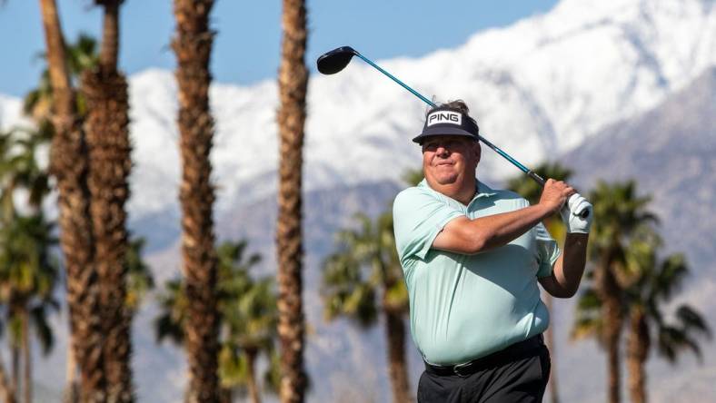 Tim Herron tees off on 12 during the first round of the Galleri Classic in Rancho Mirage, Calif., Friday, March 24, 2023.