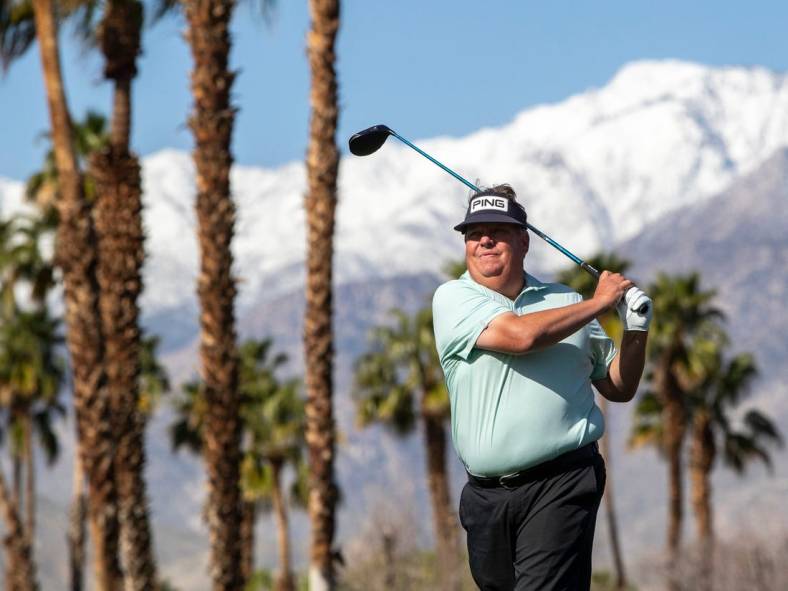 Tim Herron tees off on 12 during the first round of the Galleri Classic in Rancho Mirage, Calif., Friday, March 24, 2023.