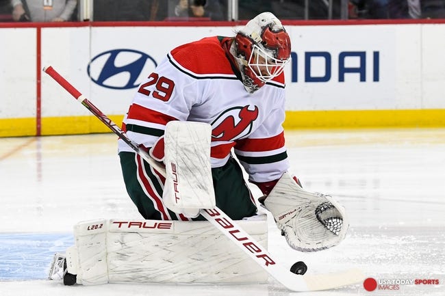 Mar 25, 2023; Newark, New Jersey, USA;  New Jersey Devils goaltender Mackenzie Blackwood (29) makes a save against the Ottawa Senators during the first period at Prudential Center. Mandatory Credit: Dennis Schneidler-USA TODAY Sports