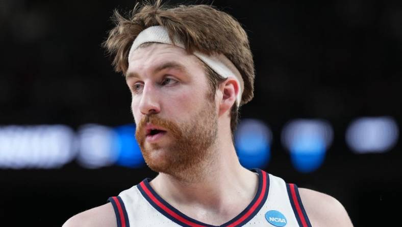 Mar 25, 2023; Las Vegas, NV, USA; Gonzaga Bulldogs forward Drew Timme (2) during the first half against the Connecticut Huskies for the NCAA tournament West Regional final at T-Mobile Arena. Mandatory Credit: Joe Camporeale-USA TODAY Sports