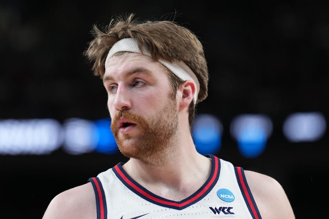 Mar 25, 2023; Las Vegas, NV, USA; Gonzaga Bulldogs forward Drew Timme (2) during the first half against the Connecticut Huskies for the NCAA tournament West Regional final at T-Mobile Arena. Mandatory Credit: Joe Camporeale-USA TODAY Sports