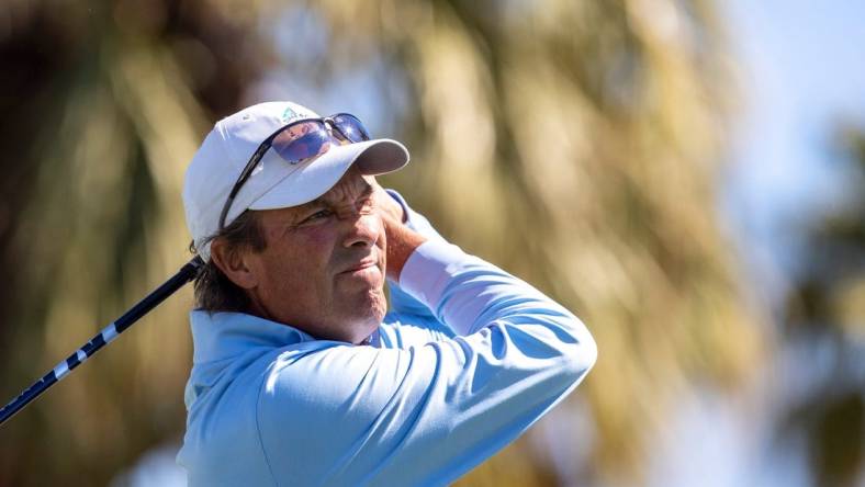 Stephen Ames tees off on 11 during the final round of the Galleri Classic in Rancho Mirage, Calif., Sunday, March 26, 2023.