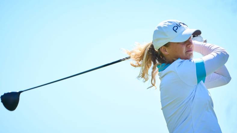 Celine Borge plays her tee shot on the first hole during the final round of the LPGA Drive On Championship on the Prospector Course at Superstition Mountain Golf and Country Club in Gold Canyon on March 26, 2023.

Lpga At Superstition Mountain Final Round