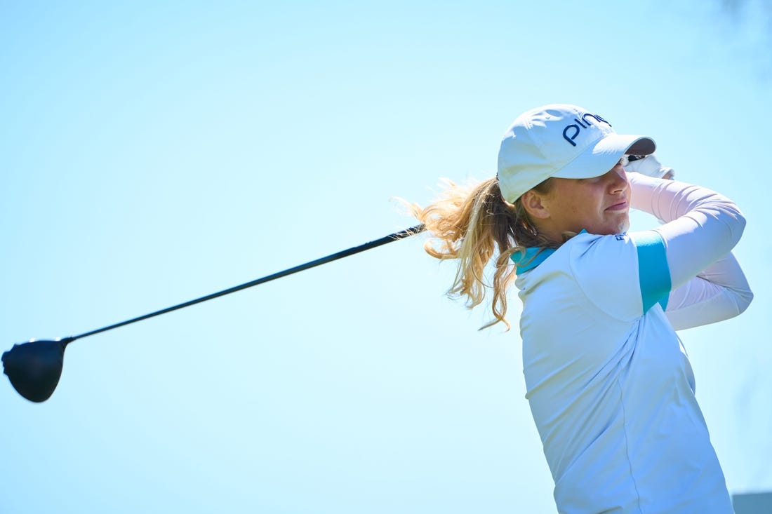 Celine Borge plays her tee shot on the first hole during the final round of the LPGA Drive On Championship on the Prospector Course at Superstition Mountain Golf and Country Club in Gold Canyon on March 26, 2023.

Lpga At Superstition Mountain Final Round