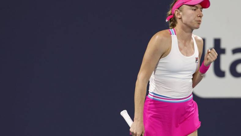 Mar 27, 2023; Miami, Florida, US; Ekaterina Alexandrova reacts after winning a first set tiebreaker against Bianca Andreescu (CAN) (not pictured) on day eight of the Miami Open at Hard Rock Stadium. Mandatory Credit: Geoff Burke-USA TODAY Sports