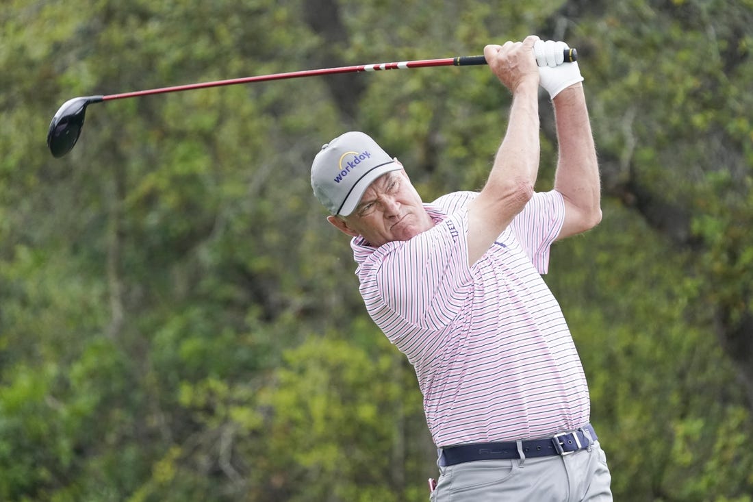 Mar 30, 2023; San Antonio, Texas, USA; Davis Love III plays his shot from the first tee during the first round of the Valero Texas Open golf tournament. Mandatory Credit: Raymond Carlin III-USA TODAY Sports