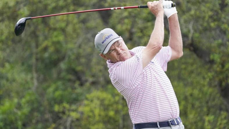 Mar 30, 2023; San Antonio, Texas, USA; Davis Love III plays his shot from the first tee during the first round of the Valero Texas Open golf tournament. Mandatory Credit: Raymond Carlin III-USA TODAY Sports