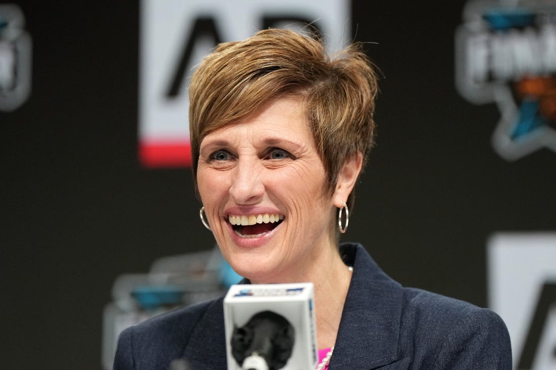 Mar 30, 2023; Dallas, TX, USA; Indiana Hoosiers coach Teri Moren at the Associaed Press Coach and Player of the Year press conference  at the American Airlines Center. Mandatory Credit: Kirby Lee-USA TODAY Sports