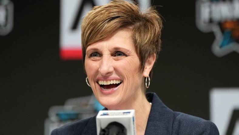 Mar 30, 2023; Dallas, TX, USA; Indiana Hoosiers coach Teri Moren at the Associaed Press Coach and Player of the Year press conference  at the American Airlines Center. Mandatory Credit: Kirby Lee-USA TODAY Sports