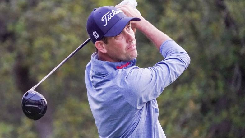 Mar 31, 2023; San Antonio, Texas, USA; Chesson Hadley plays his shot from the first tee during the weather delayed conclusion of the first round of the Valero Texas Open golf tournament. Mandatory Credit: Raymond Carlin III-USA TODAY Sports