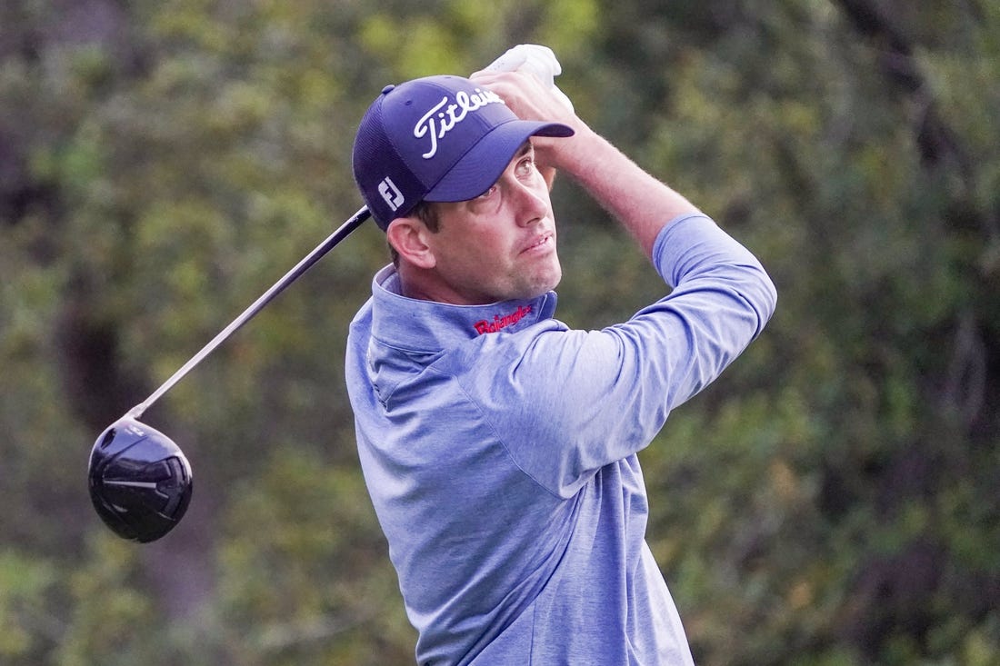 Mar 31, 2023; San Antonio, Texas, USA; Chesson Hadley plays his shot from the first tee during the weather delayed conclusion of the first round of the Valero Texas Open golf tournament. Mandatory Credit: Raymond Carlin III-USA TODAY Sports