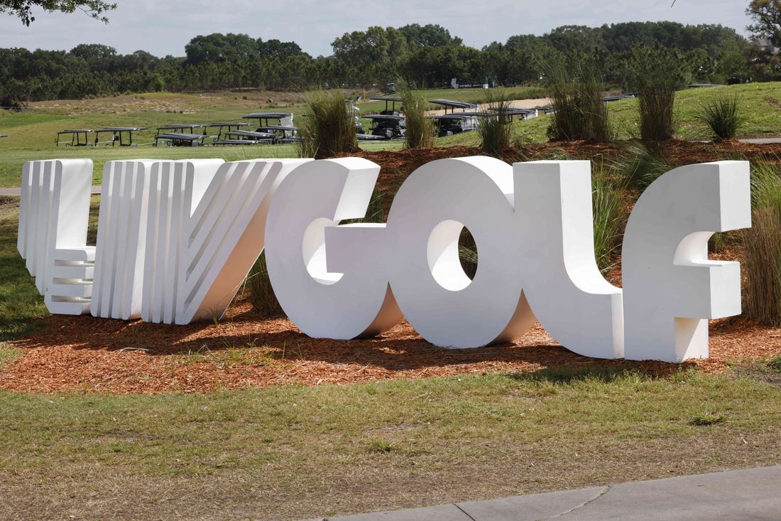 Mar 31, 2023; Orlando, Florida, USA; The LIV logo on display at the entrance before the first round of a LIV Golf event at Orange County National. Mandatory Credit: Reinhold Matay-USA TODAY Sports