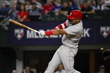 Mar 30, 2023; Arlington, Texas, USA; Philadelphia Phillies first baseman Darick Hall (24) in action during the game between the Texas Rangers and the Philadelphia Phillies at Globe Life Field. Mandatory Credit: Jerome Miron-USA TODAY Sports