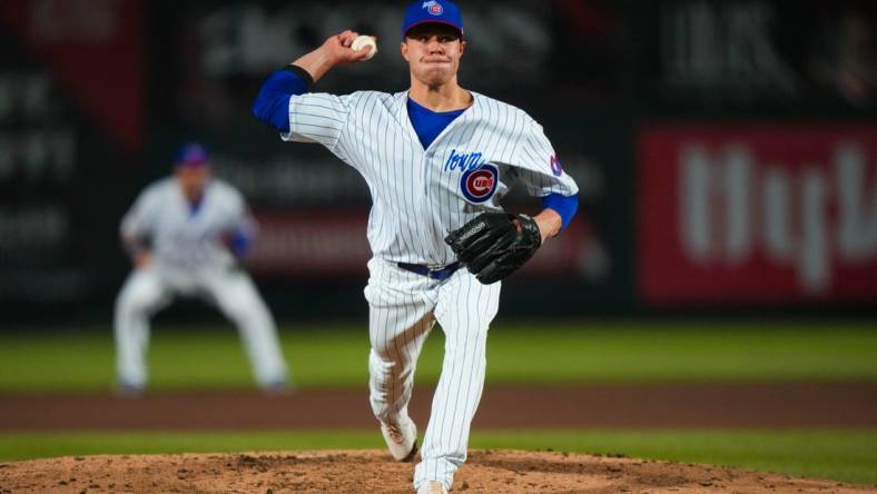 Iowa Cubs pitcher Vinny Nittoli (15) throws the ball during the season opener at Principal Park in Des Moines on Friday, March 31, 2023. The Cubs defeated the Clippers, 11-5.