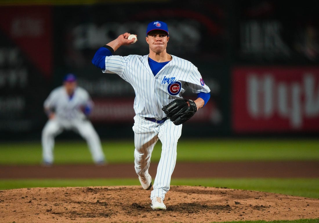 Iowa Cubs pitcher Vinny Nittoli (15) throws the ball during the season opener at Principal Park in Des Moines on Friday, March 31, 2023. The Cubs defeated the Clippers, 11-5.