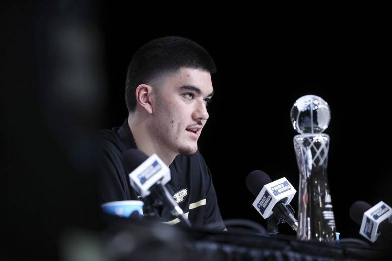 Apr 1, 2023; Houston, TX, USA; Purdue center Zach Edey is speaks at a press conference after being announced as the Associated Press player of the year at NRG Stadium. Mandatory Credit: Troy Taormina-USA TODAY Sports