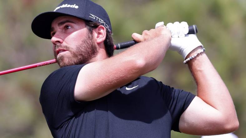 Apr 1, 2023; Orlando, Florida, USA; Matthew Wolff of the Smash golf club plays his shot from the fifth tee during the second round of a LIV Golf event at Orange County National. Mandatory Credit: Reinhold Matay-USA TODAY Sports