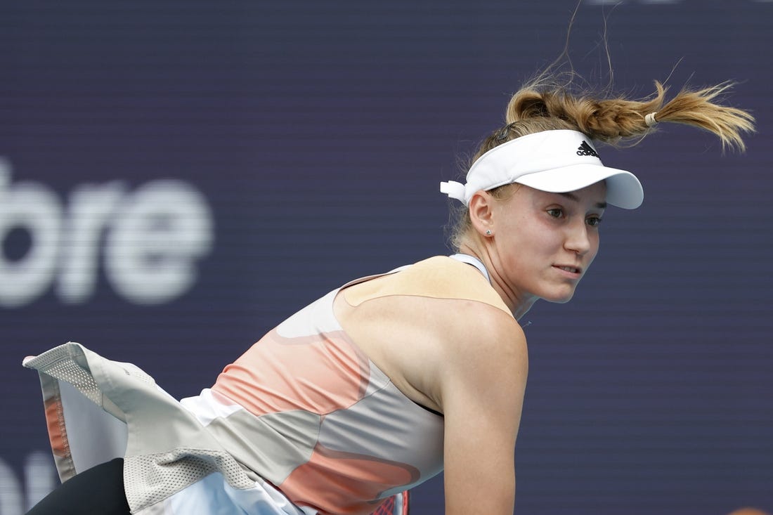 Apr 1, 2023; Miami, Florida, US; Elena Rybakina (KAZ) serves against Petra Kvitova (CZE) (not pictured) in the women's singles final on day thirteen of the Miami Open at Hard Rock Stadium. Mandatory Credit: Geoff Burke-USA TODAY Sports