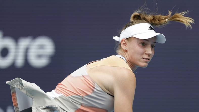 Apr 1, 2023; Miami, Florida, US; Elena Rybakina (KAZ) serves against Petra Kvitova (CZE) (not pictured) in the women's singles final on day thirteen of the Miami Open at Hard Rock Stadium. Mandatory Credit: Geoff Burke-USA TODAY Sports