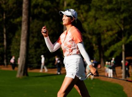 Apr 1, 2023; Augusta, Georgia, USA; Rose Zhang of Irvine, CA,  reacts after winning the 2023 Augusta National Women   s Amateur during the final round of the Augusta National Women's Amateur golf tournament at Augusta National Golf Club. Mandatory Credit: Rob Schumacher-USA TODAY Sports