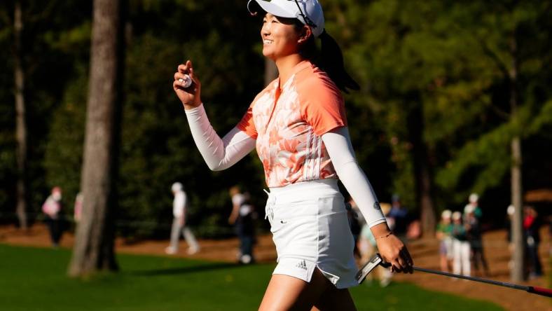 Apr 1, 2023; Augusta, Georgia, USA; Rose Zhang of Irvine, CA,  reacts after winning the 2023 Augusta National Women   s Amateur during the final round of the Augusta National Women's Amateur golf tournament at Augusta National Golf Club. Mandatory Credit: Rob Schumacher-USA TODAY Sports