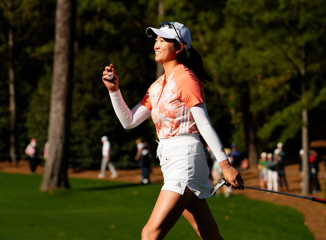 Apr 1, 2023; Augusta, Georgia, USA; Rose Zhang of Irvine, CA,  reacts after winning the 2023 Augusta National Women   s Amateur during the final round of the Augusta National Women's Amateur golf tournament at Augusta National Golf Club. Mandatory Credit: Rob Schumacher-USA TODAY Sports