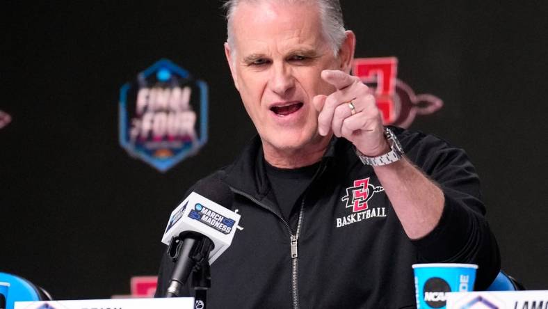 Apr 2, 2023; Houston, TX, USA;  San Diego State head coach Brian Dutcher at a press conference at NRG Stadium. Mandatory Credit: Robert Deutsch-USA TODAY Sports