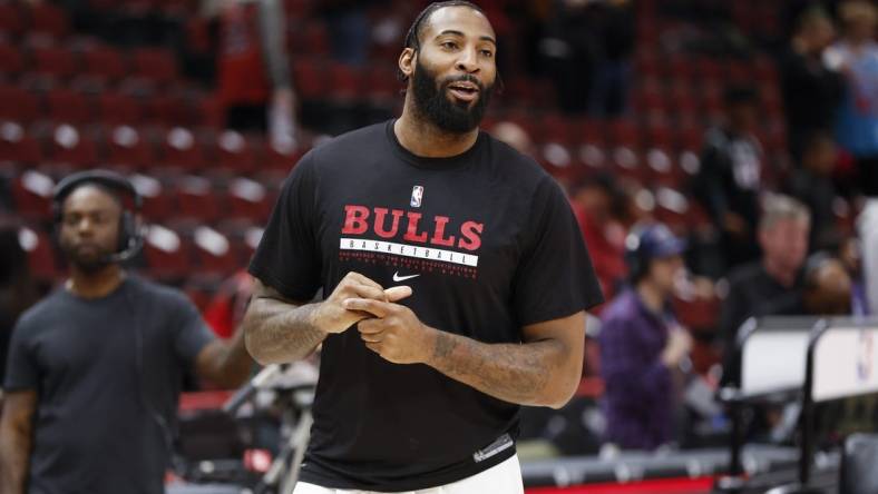 Apr 2, 2023; Chicago, Illinois, USA; Chicago Bulls center Andre Drummond (3) smiles as he warms up before an NBA game against the Memphis Grizzlies at United Center. Mandatory Credit: Kamil Krzaczynski-USA TODAY Sports