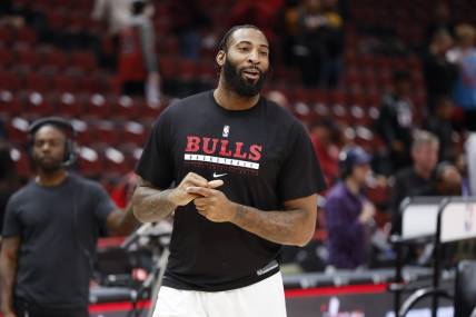 Apr 2, 2023; Chicago, Illinois, USA; Chicago Bulls center Andre Drummond (3) smiles as he warms up before an NBA game against the Memphis Grizzlies at United Center. Mandatory Credit: Kamil Krzaczynski-USA TODAY Sports