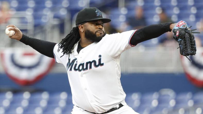 Apr 3, 2023; Miami, Florida, USA;  Miami Marlins starting pitcher Johnny Cueto (47) pitches against the Minnesota Twins during the first inning at loanDepot Park. Mandatory Credit: Rhona Wise-USA TODAY Sports