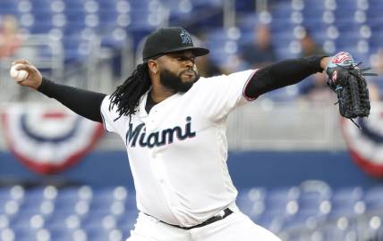 Apr 3, 2023; Miami, Florida, USA;  Miami Marlins starting pitcher Johnny Cueto (47) pitches against the Minnesota Twins during the first inning at loanDepot Park. Mandatory Credit: Rhona Wise-USA TODAY Sports