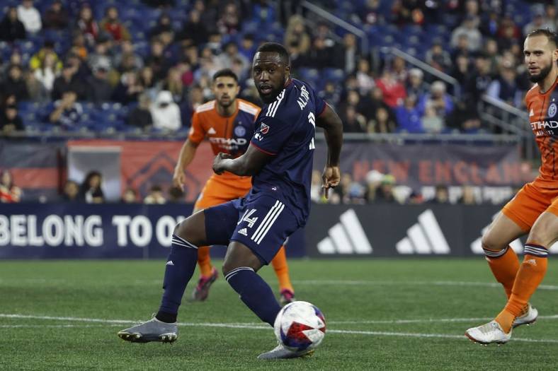 Apr 1, 2023; Foxborough, Massachusetts, USA; New England Revolution forward Jozy Altidore (14) against New York City FC during the first half at Gillette Stadium. Mandatory Credit: Winslow Townson-USA TODAY Sports